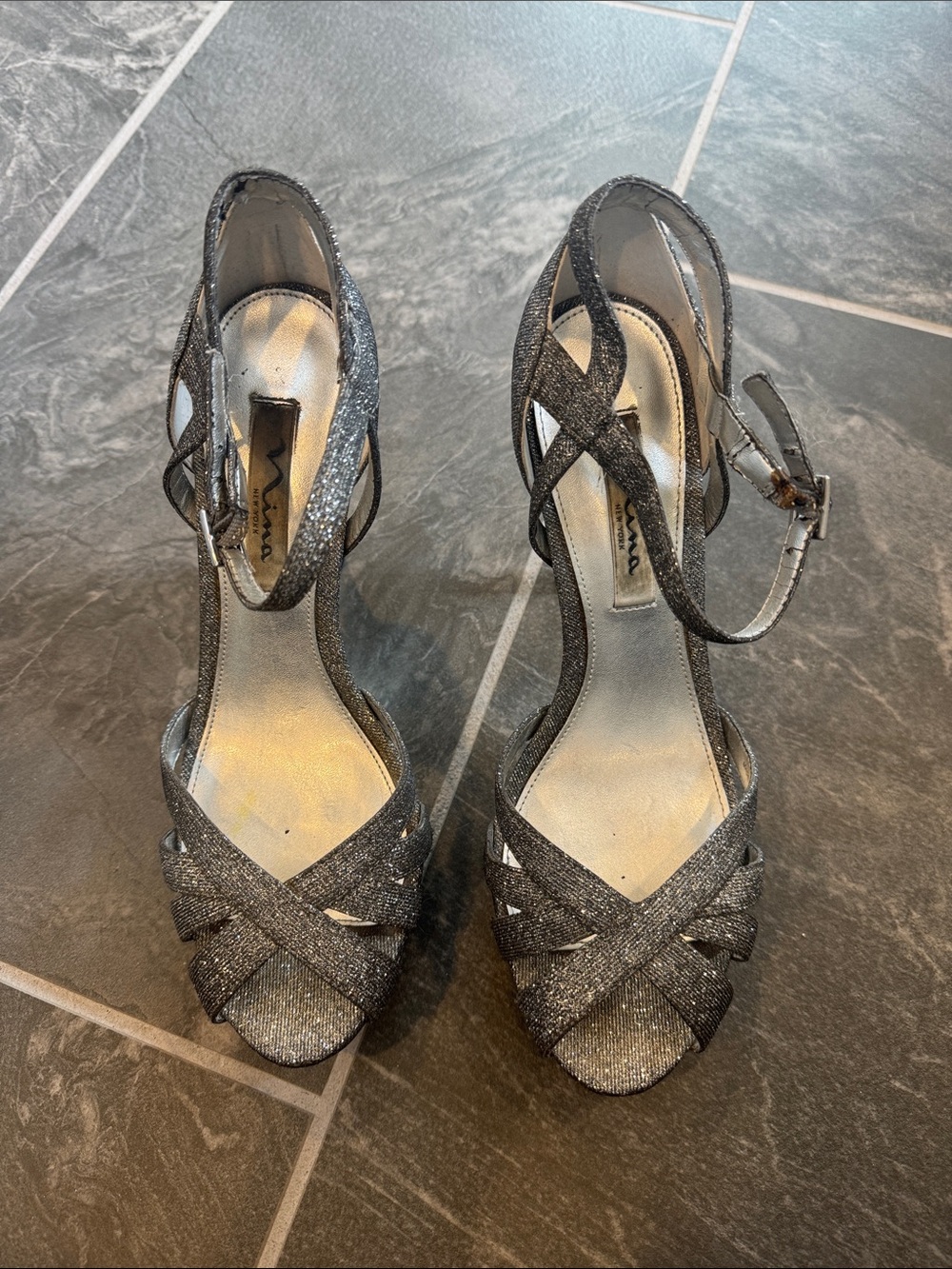 Nina Silver Glitter Crisscross Ankle-Strap Peep-Toe Heels